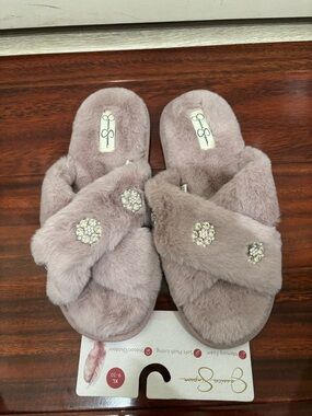 Jessica Simpson Dusty Pink Faux Fur Slide Sandals with Crystal Accents